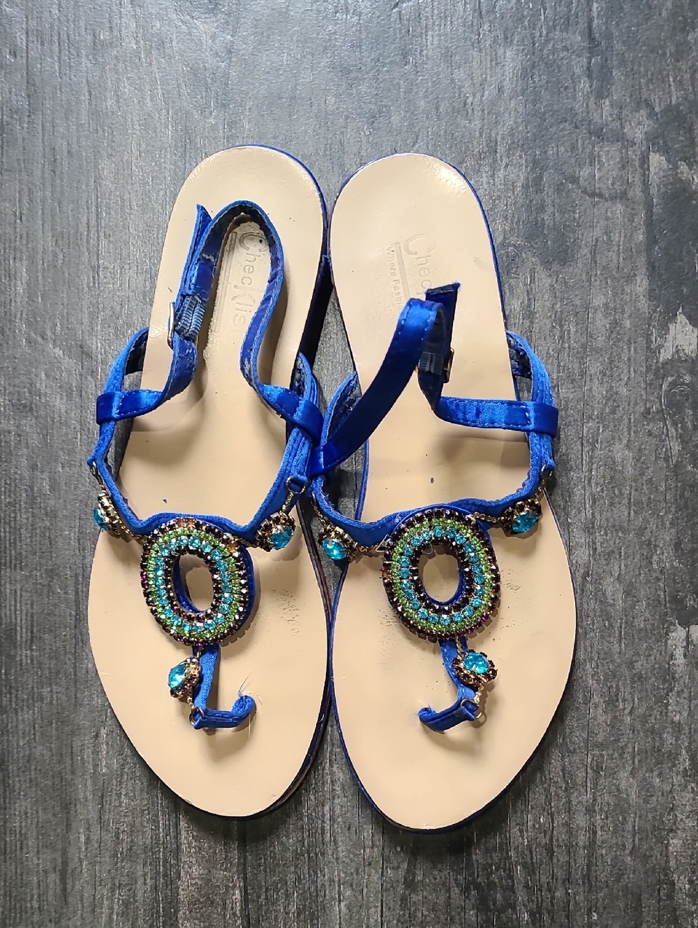 Royal Blue Beaded T-Strap Sandals for Women